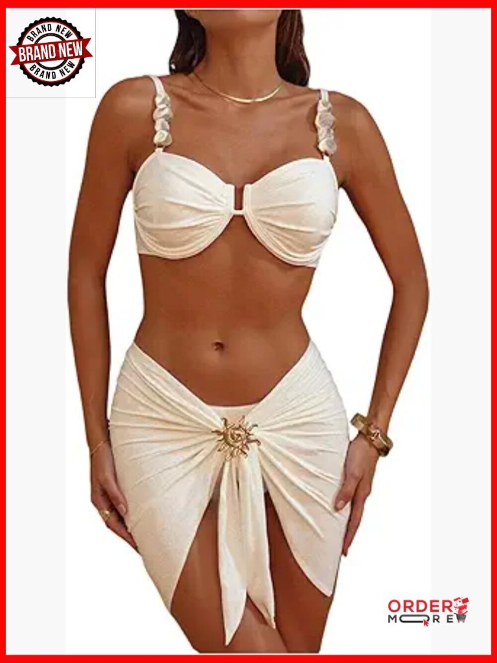 3 Piece High Waisted Triangle Bikini Set with Sarong Cover Up